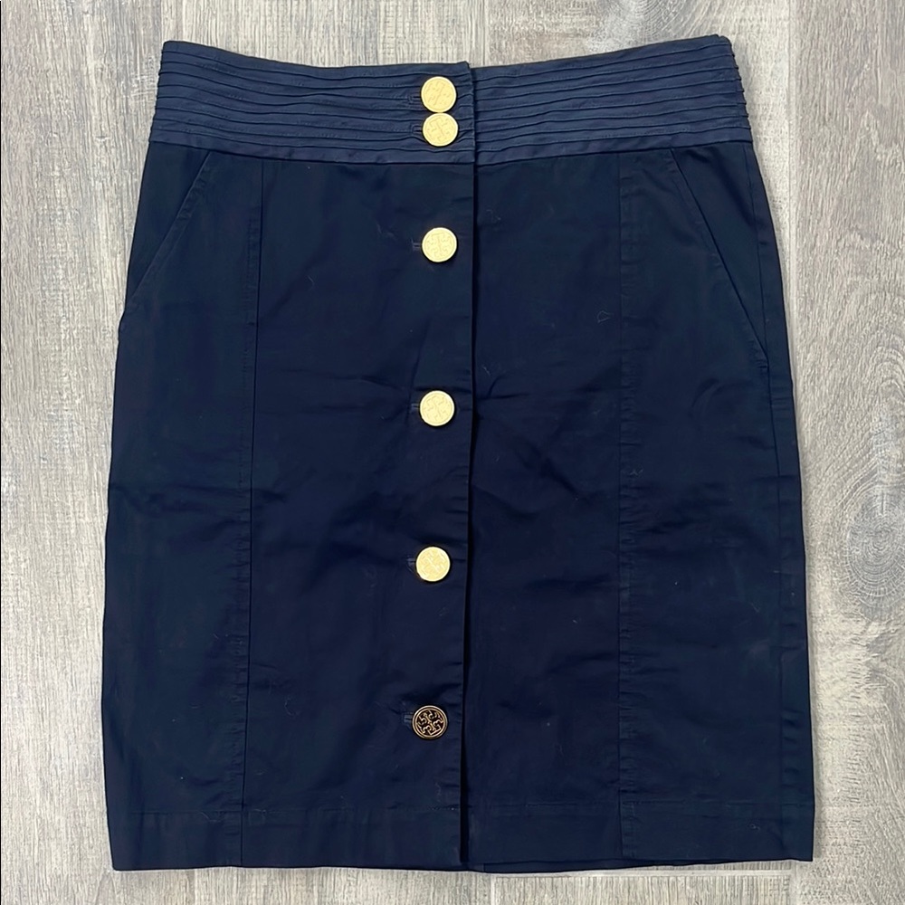 Elegant Navy Blue Skirt with Gold Button Accents